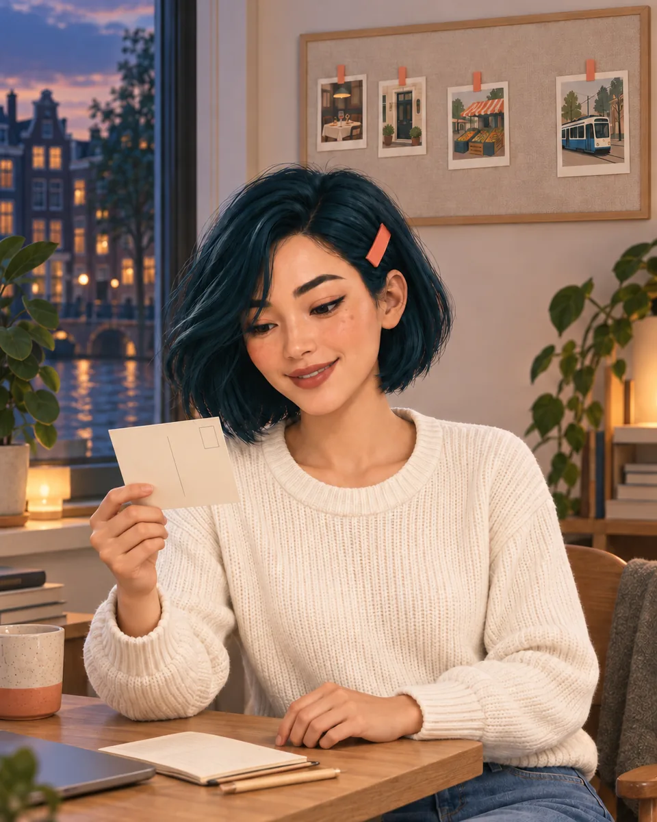 Illustration: Rinava at her desk by a canal window in the evening, smiling at a card she recognises. On the board behind her, four postcards are pinned further and further apart.