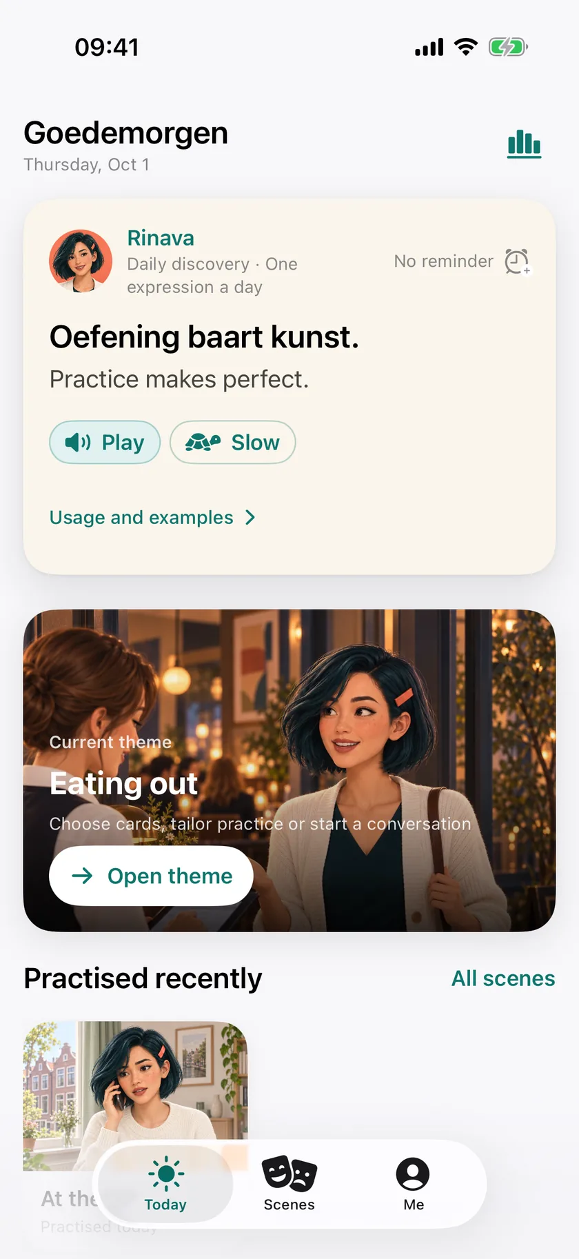 The Today screen in the App: Goedemorgen, Rinava’s expression of the day and your current theme, Eating out.