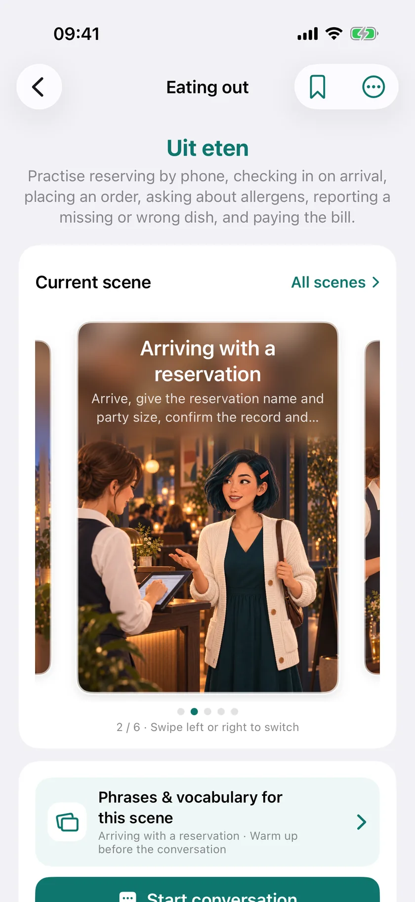 Rinava App screen: the Eating out theme, with its scenes to swipe through.
