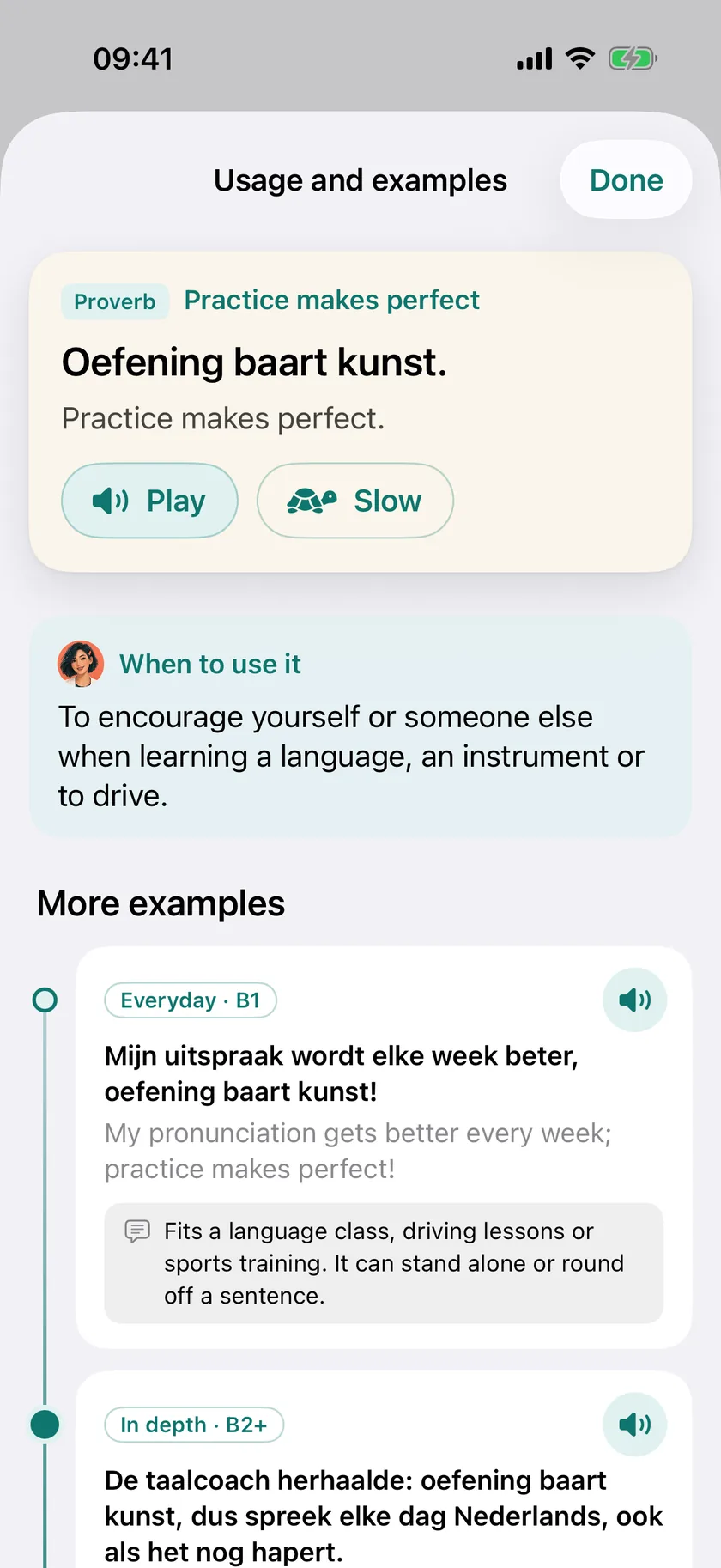 Daily discovery in the App: the proverb “Oefening baart kunst.”, when to use it, and examples at two levels.