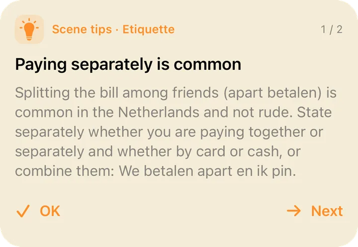 Scene tip from the same theme: Paying separately is common.