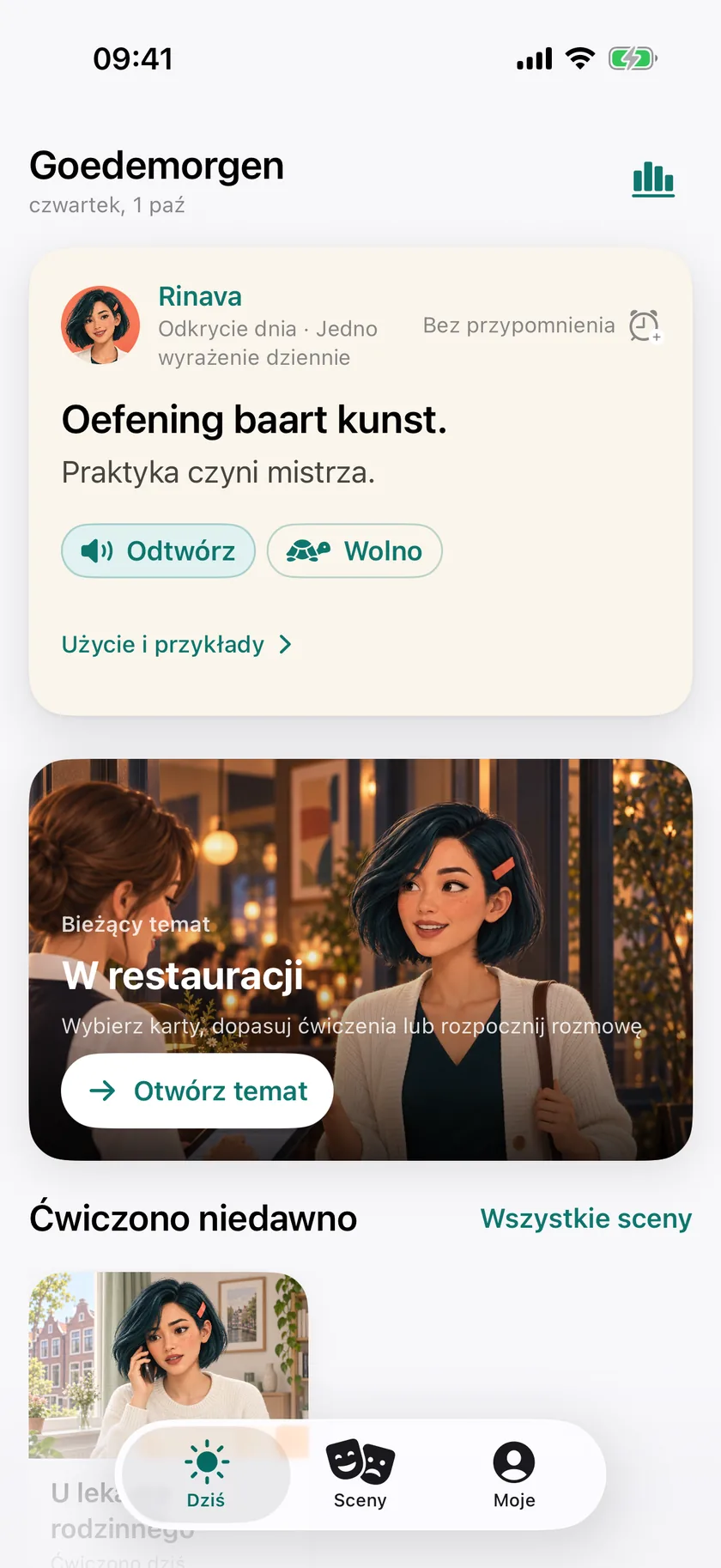 Ekran „Dziś” w aplikacji: Goedemorgen, wyrażenie dnia od Rinavy i twój bieżący temat „W restauracji”.