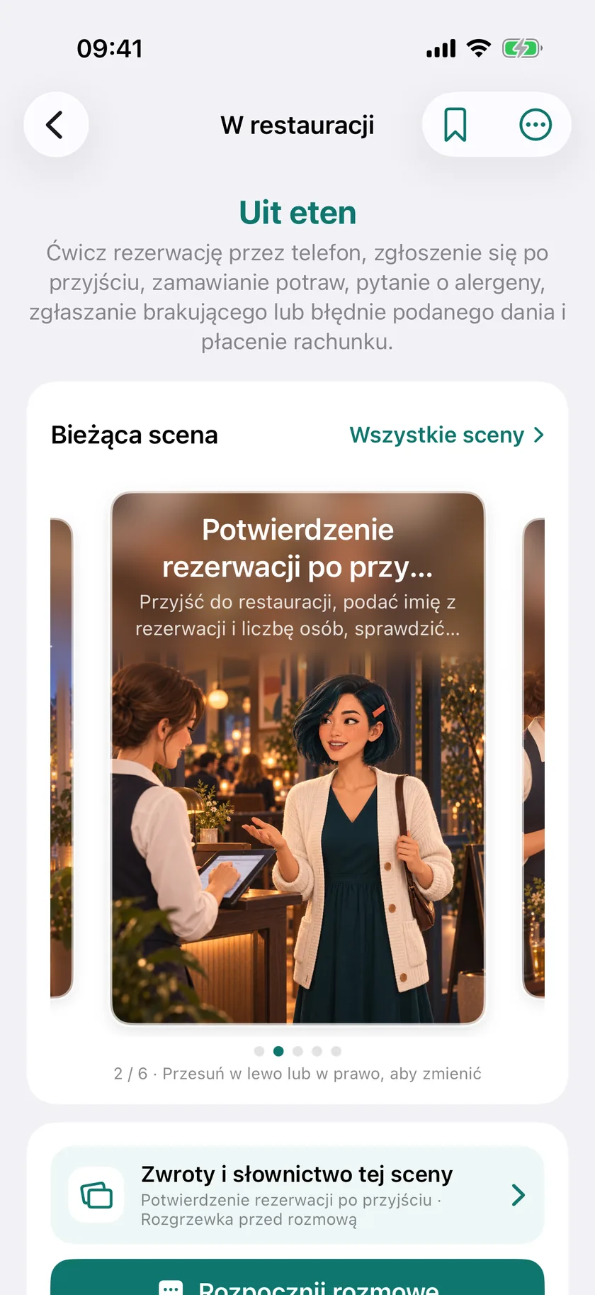 Ekran aplikacji Rinava: temat „W restauracji” ze scenami do przewijania.
