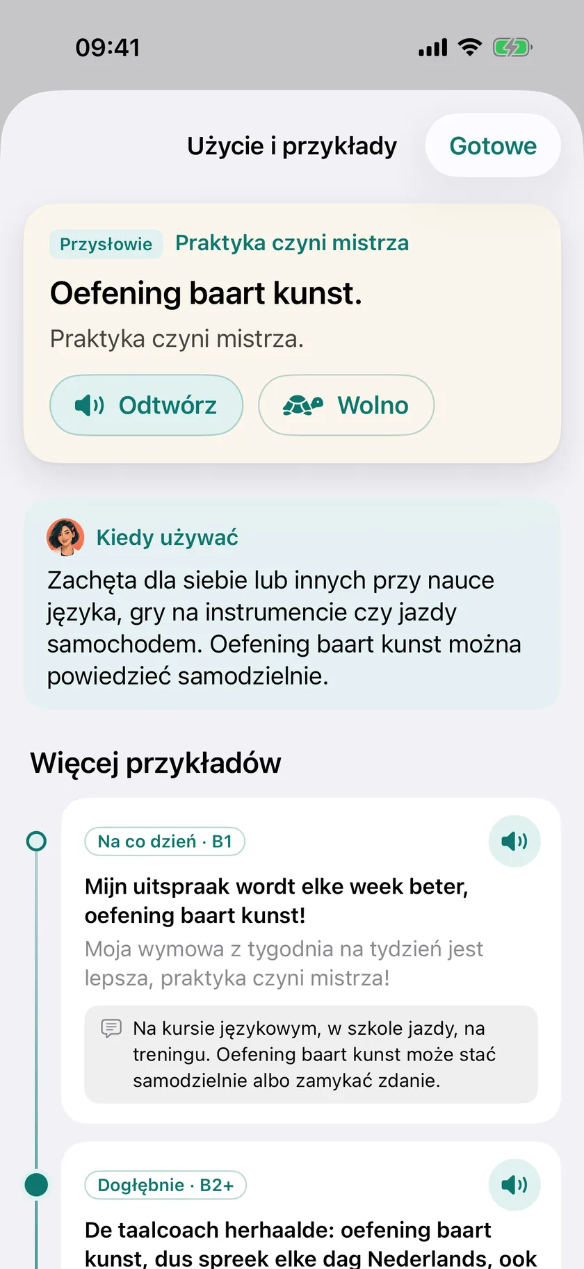 Odkrycie dnia w aplikacji: przysłowie „Oefening baart kunst.”, kiedy go używać, i przykłady na dwóch poziomach.