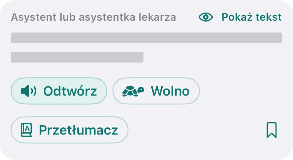 Kwestia z rozmowy w aplikacji, tryb „Najpierw słuchaj”: niderlandzki tekst jest zakryty, nad nim jest „Pokaż tekst”, a pod nim „Odtwórz”, „Wolno” i „Przetłumacz”.